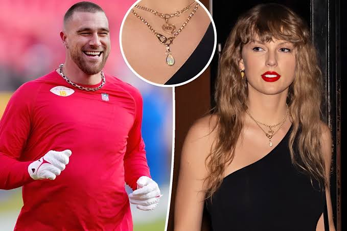 Travis Kelce gave Taylor Swift an expensive necklace, representing the key to his heart, as a tribute after the win over the Dolphins and to express his gratitude for her unwavering support there.”