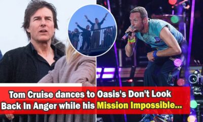 Tom Cruise dances to Oasis's Don't Look Back In Anger while his Mission Impossible co-star Simon Pegg belts out the lyrics as they watch Coldplay headline Glastonbury
