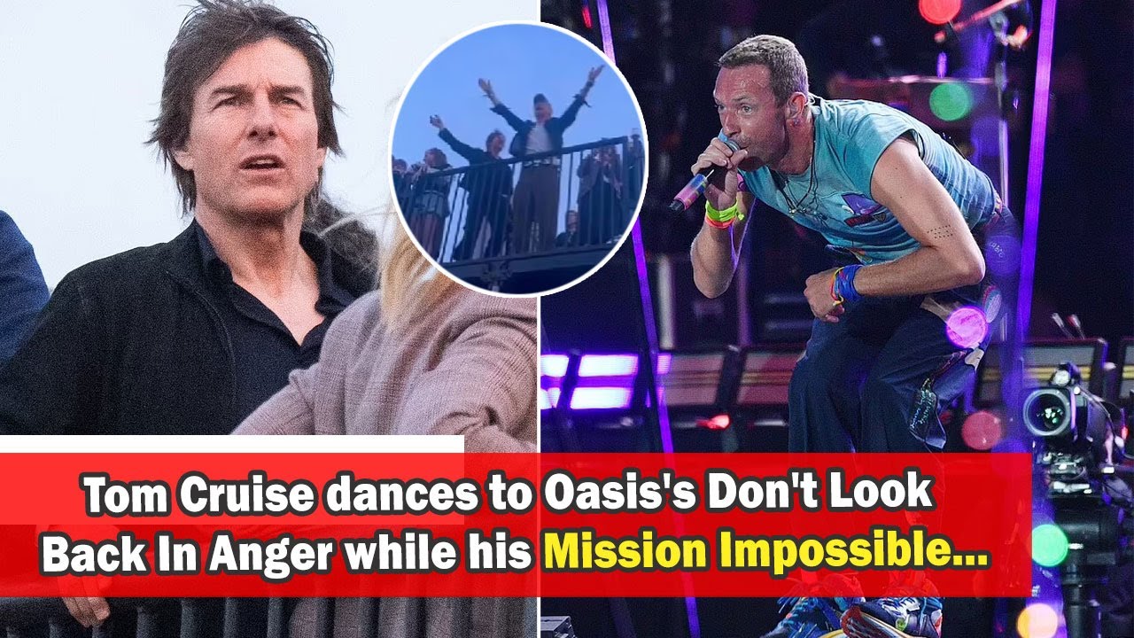 Tom Cruise dances to Oasis's Don't Look Back In Anger while his Mission Impossible co-star Simon Pegg belts out the lyrics as they watch Coldplay headline Glastonbury