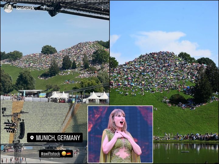 Fans on the Olympic Hill waiting for the concert to begin.Felix Hörhager/Picture Alliance via Getty Images Inside the stadium, Swift performed her set to 74,000 fans. While speaking to the crowds at the beginning of the concert, the Grammy-winning artists acknowledged the extra attendees outside the stadium. "We've got people in a park outside the stadium, thousands of people listening from out there," Swift said, per footage circulating on X. "I just feel so incredibly welcome," she added. The phenomenon of gathering outside Swift's concerts, known as "Taylor-gating," emerged soon after the star began touring with her blockbuster Eras Tour in the US last year. Fans assemble in streets, parks, and parking lots near concert venues to sing along and dance to their favorite song blasting from the stadium speakers. While some cities have discouraged fans from loitering outside venues without tickets, LBC reported that toilets and drinks stations were set up in the park on the hill ahead of the Munich show. A clip shared on social media showed the hills outside the stadium teeming with people before the stadium had filled.