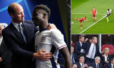 Prince William hugs England goal hero Bukayo Saka as he congratulates the Three Lions after their latest Euros win - hailing it 'nail-biting to the very end'